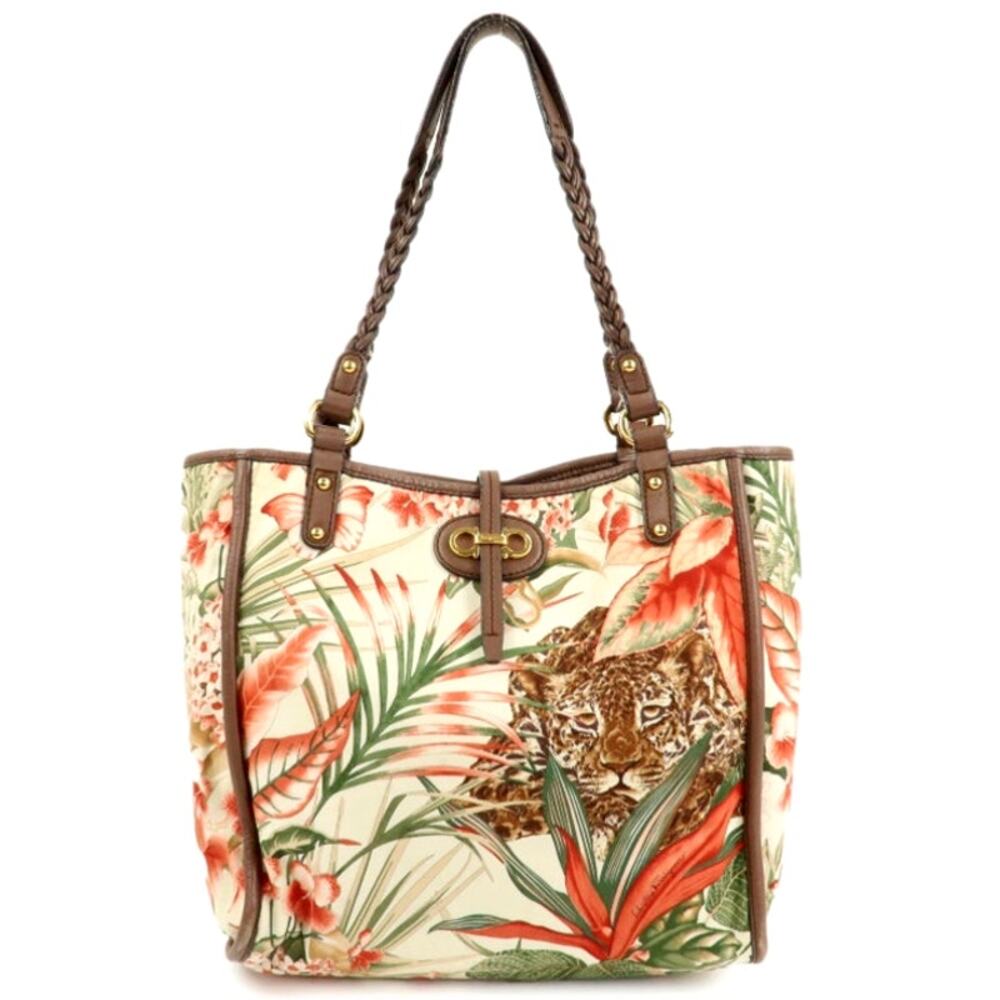 💎✨AUTHENTIC✨💎Ferragamo Gancini Leather Nylon Tote Bag Ivory Multicolor - Picture 2 of 15